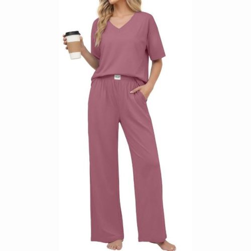 Ekouaer Women' Cotton Pajama Sets Soft Short Sleeve Pjs Long Pants Set Breathable Sleepwear Loungewear Purple Red L