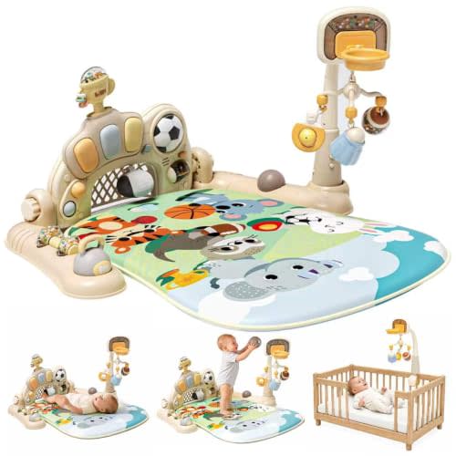 STACTCUTE 3-in-1 Baby Gym & Play Mat with Musical Piano (Khaki） | Activity Center with Sensory Toys & Rattles for Tummy Time,Early Development Baby Gift for Newborns 0-3 6-12 Months