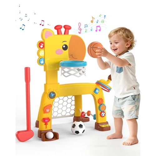 4-IN-1 Toddler Golf Ring Toss Basketball Hoop & Soccer Goal Sport Toys for 1-3 Year Olds, Baby Activity Center with Lights Bilingual Music & Vol Ctrl Gift for Boys Girls(H 24.4"-27.5") (Yellow)