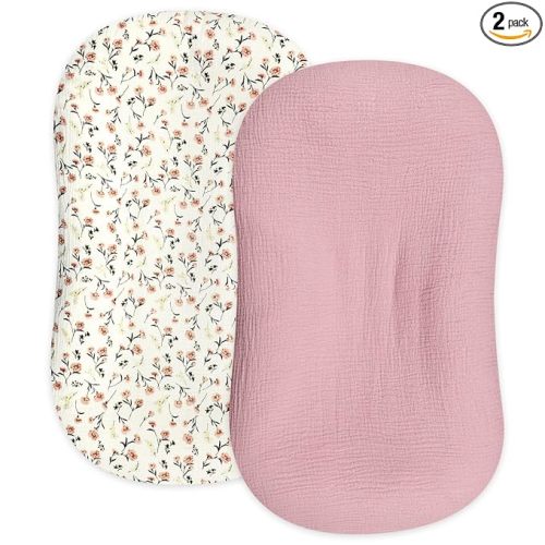 Hooyax Muslin Baby Lounger Cover 2 Pack, Organic Removable Lounger Slipcover for Newborn, Baby Padded Lounger Infant Floor Seat Covers for Boys Girls (Flesh Pink & Floral)