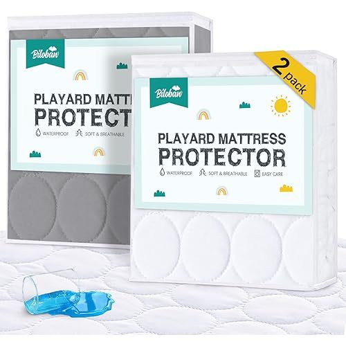 Pack and Play Mattress Cover Waterproof 2 Pack, Quilted Pack and Play Mattress Pad Fitted Fits for Graco Pack n Play Playard Mattress/Playpen Mattress, White&Gray, 39" x 27"