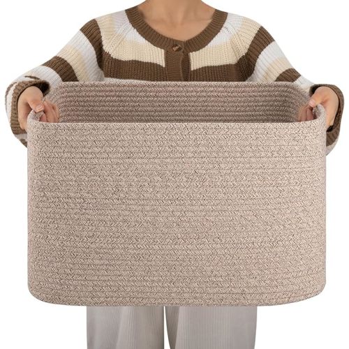 OIAHOMY Cotton Rope Basket, Rectangle Woven Nursery Blanket Basket, Toy Storage Basket with Handle, Baskets for Organizing, 18”x14”x12”, Brown variegated