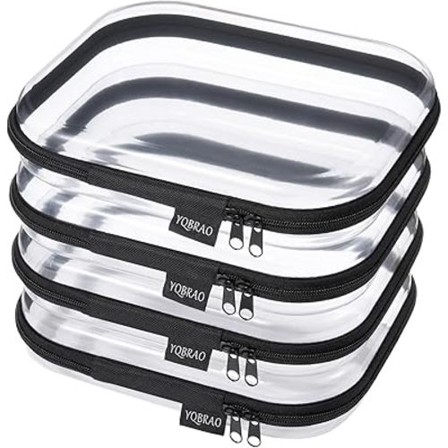 YQBRA 4 Pack Clear Hard Shell Zipper Case, See-Through Hard Plastic Organizer Pouches with Zipper for Travel, Toiletries, Makeup, Toy, Electronics & Pencils - Crush-Resistant Storage (M Black)