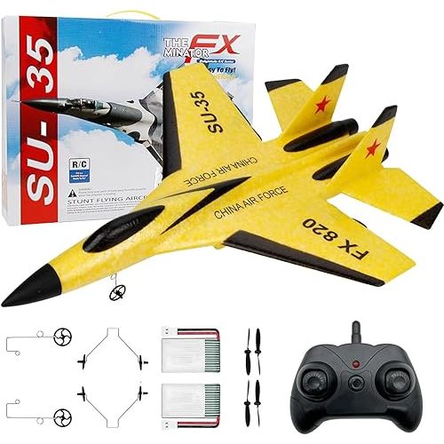 Eayaele SU-35 RC Plane, 2CH Remote Control Airplane, Hobby RC Glider, Ready & Easy to Fly for Beginners, RC Aircraft Jet with Luminous Strip (Yellow)