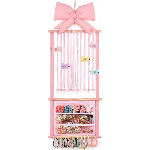 Suncalla Pink Hair Bows Holder Headband Organizer for Girls Long Baby Hair Clips Accessories Display Storage Hanging Wall Decor with Hooks Gift for Christmas Nursery Toddler Girls Room
