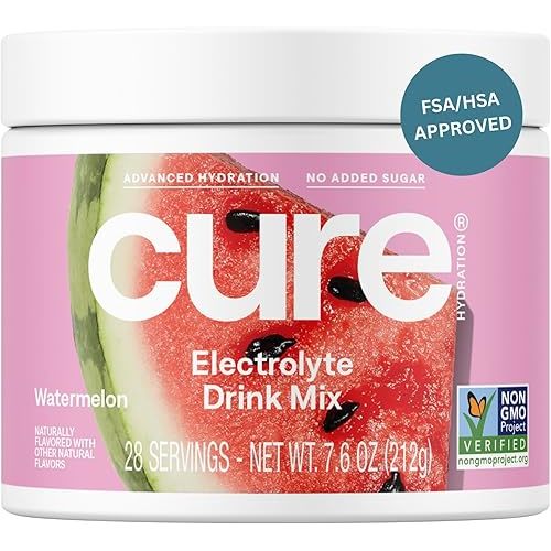 Cure Hydration | Plant-Based Electrolyte Drink Mix | No Added Sugar | FSA-HSA | Dehydration Relief Powder Made with Coconut Water | Non-GMO | Vegan | 28 Servings Jar - Watermelon