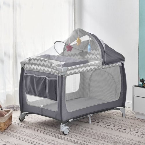 Reed Royal Nursery Center, 4-in-1 Pack 'n Play with Bassinet & Diaper Changing Table, Foldable Infant Bassinet Activity Center, Baby Playard Crib with Toys & Oxford Bag