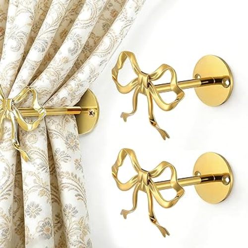2-Piece Gold Bow Curtain Tiebacks, Metal Wall-Mounted Curtain Holdbacks, Gold Holders for Living Room, Bedroom, Office, and Home Decor