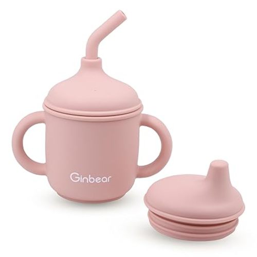 2-in-1 Sip-N-Straw Baby Cup, Spill Proof Non-toxic BPA Free Food Grade Silicone Training Transition Sippy Cup for Toddler 6 Months+ (Pink)