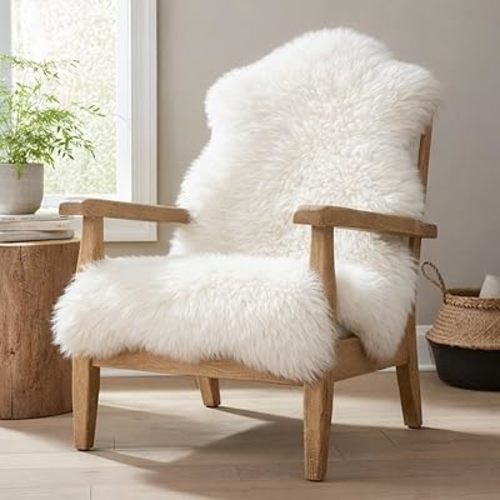 Premium Genuine Sheepskin Rug – Soft & Fluffy Single Pelt (2’ x 3’) Natural White Lambskin Area Rug for Bedroom, Living Room Or Chair Cover Sheepskin Throw – Made in Argentina