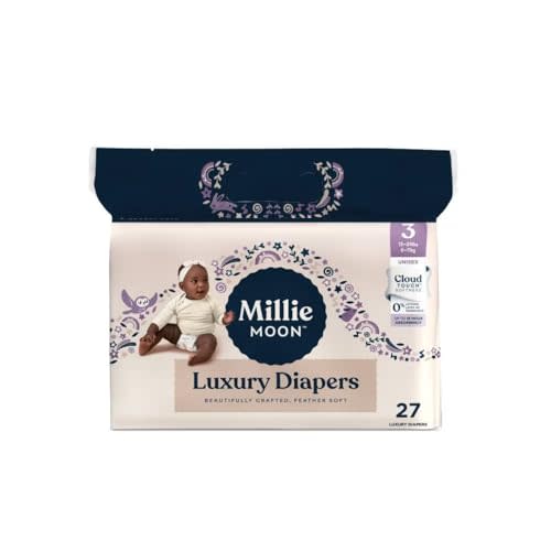 Millie Moon Luxury Diapers, Size 3 (13-24lbs), 27 Count, Up to 12 Hour Absorbency, Double Leak Guard and Wetness Indicator