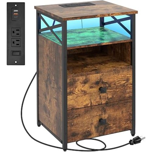 LED Nightstand with Charging Station ,Side Tables with Wood Drawers