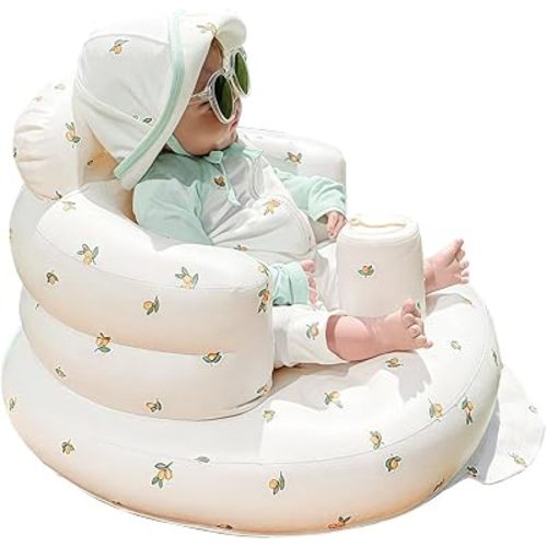 Inflatable Baby Seat for Babies 3 Months & Up, Baby Floor Seats for Sitting Up, Baby Seats for Infants, Blow Up Baby Chair with Built in Air Pump (Olive Flower)