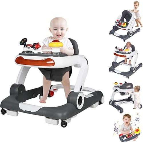 Kinder King Baby Walker with Music & Lights, 5 in 1 Baby Activity Walker with Wheel, Adjustable Height & Seat, Learning-Seated & Toddler Walk-Behind, Safety Bumper, Infant Walker Anti-Rollover, Grey