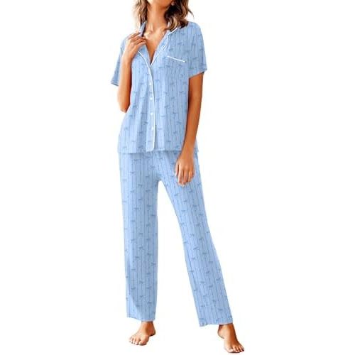 Avidlove Women Pajamas Set Notch Collar Soft Sleepwear Pjs Short Sleeve Button Down Nightwear with Long Pants
