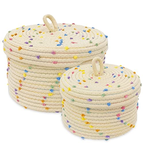 Round Storage Baskets with Lids,Small Storage Baskets Set of 2,Cotton Rope Woven Storage Basket,Small Decorative Basket, Colorful Rainbow Pompom, Cute Storage Bins, Box for storage