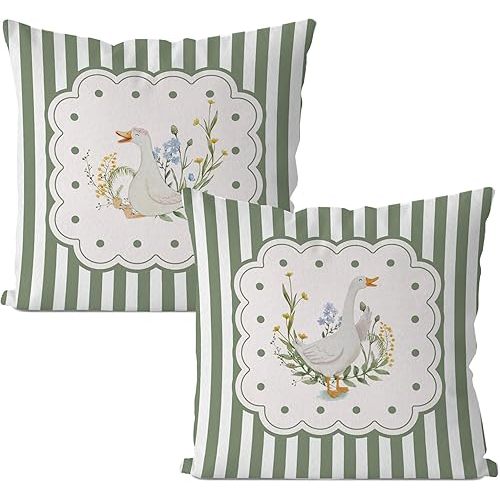 IWXYI Green Striped Floral Goose Pillow Covers 18x18, Goose Nursery Decor, Vintage Rustic Wildflower Geese Decorative Throw Pillow Covers for Girls Room Nursery Living Room Home, Set of 2