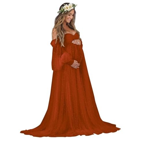 Tianzhihe Pearl Tulle Maternity Dresses for Photoshoot Long Puffy Sleeve Tulle Robe Bridal Baby Shower Pregnancy Gowns