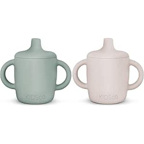 KIDSco. Silicone Sippy Cups (2 Pack) – Soft Spout & Easy Grip Handles for Babies 6+ months, Plastic Free, Toxic Free Silicone, Leak-Resistant, Dishwasher Safe (Green and Sandy Shore)