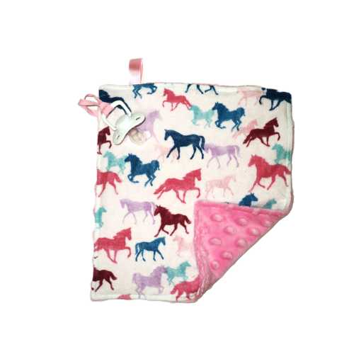 Baby Girl Lovey, Horse Flannel & Pink Minky Pacifier Lovie, Handmade Baby Gift
