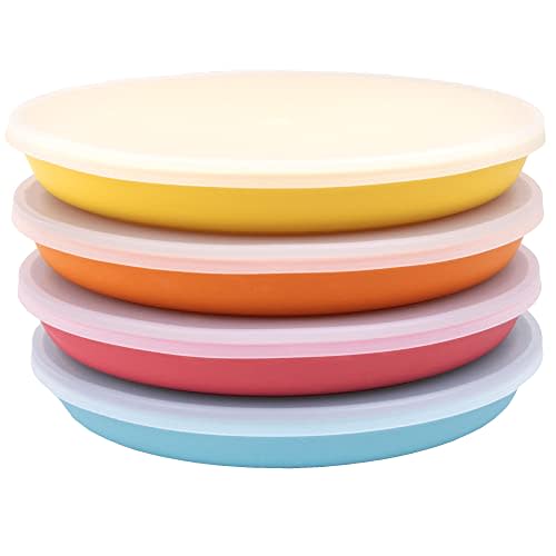 WeeSprout Bamboo Plates with Silicone Lids, Set of 4, Kid-Sized Dinnerware, Cereal, Leftovers & Snacks, Dishwasher Safe Melamine Dishware (Blue, Yellow, Orange, and Red)