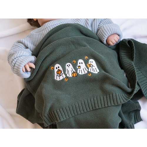 Embroidered Ghost Pumpkin Baby Blanket, Halloween Knitted Organic Cotton