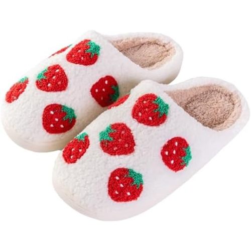 Women Slippers Cute Pattern Strawberry Slippers Warm Soft Bedroom Shoes Fuzzy Closed Toe Sandals Non Slip House Bedroom Slippers