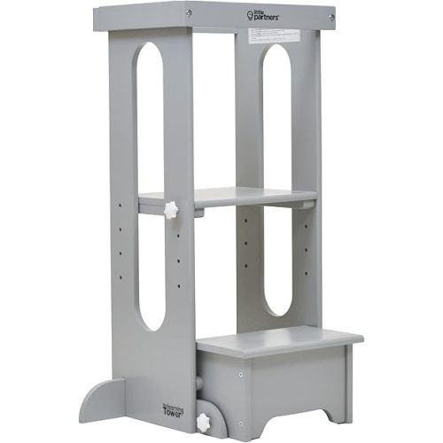 Little Partners Foldable Toddler Tower, Learning Tower Explore 'N Store Montessori Standing Kitchen Tower with Folding Step Stool Platform for Cooking and Learning, Ages 2+ (Silver Drop)