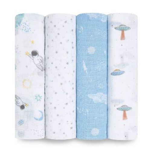 aden + anais essentials 4pk Cotton Muslin Swaddle Blankets - Space Explorers: 44x44 Inches, 200 Thread Count, Outer Space Theme