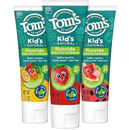 Tom's of Maine Anticavity Kids Natural Toothpaste Variety Pack, Strawberry, Orange Mango, Watermelon Flavors, Kids Toothpaste with Fluoride, Safe for Ages 2 and Up, 5.1 oz (Pack of 3)