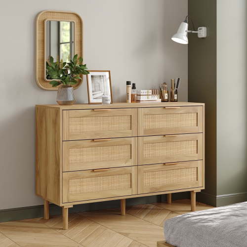 Furnihold 6 Drawer Rattan Dresser for Bedroom, Wooden Dresser Chest of Drawers, Storage Organizer for Closet, Beside Table for Living Room, Entryway