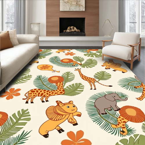 ODIKA 4'x6' Machine Washable Non-Slip Area Rug, Safari Adventure Jungle Wildlife Playmat Giraffe Lion Elephant High Traffic Rug, Orange, 684871