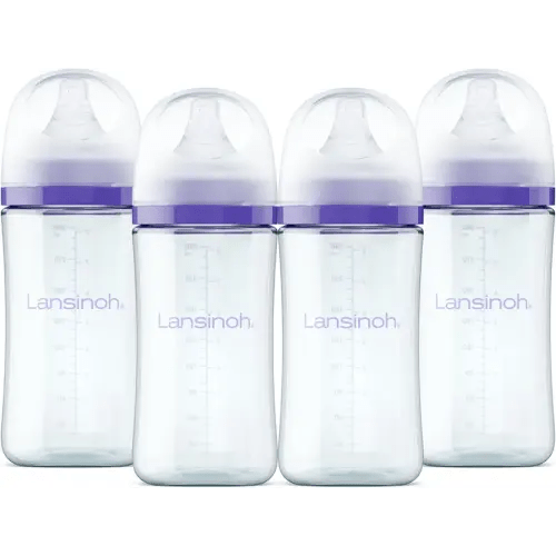 Lansinoh Anti-Colic Glass Baby Bottles, 8 Ounces, 4 Count Bottles for Feeding, Baby Essentials, Includes 4 Medium Flow Nipples, Size M