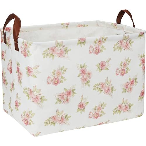 NTAOHAMPER Rectangular Pink Flower Basket for Girls, Storage Bin with Handles, Room Decor, Gift Basket(Pink Flower)