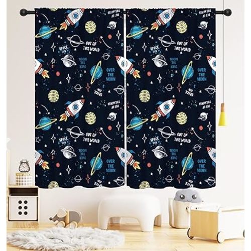 Space Kids Curtain,Cartoon Child Spaceman Planet Theme Blackout Curtain, Solar System Astronaut Window Treatments Drapes for Nursery Boys Girls Room Bedroom Decor 42" W x 45" L