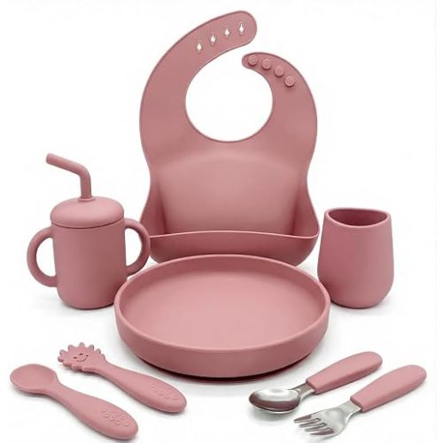 Silicone Baby Feeding Set – BPA-Free Food Grade Silicone, Suction Plate, Bib, Training Cup & Utensils for Baby Led Weaning 6+ Months, Dishwasher Safe Baby Eating Essentials 9pcs