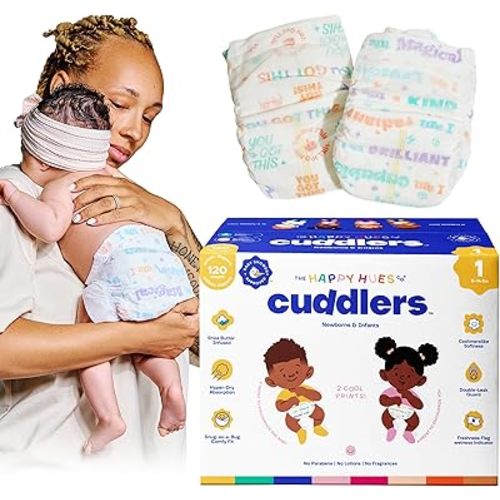 Happy Hues Cuddlers Disposable Diapers Size 1,8–14 lbs–Baby Diapers with Shea Butter, Wetness Indicator &Leak Protection–Ultra-Soft Unisex Newborn &Infant Diapers with Full Coverage,120 Count
