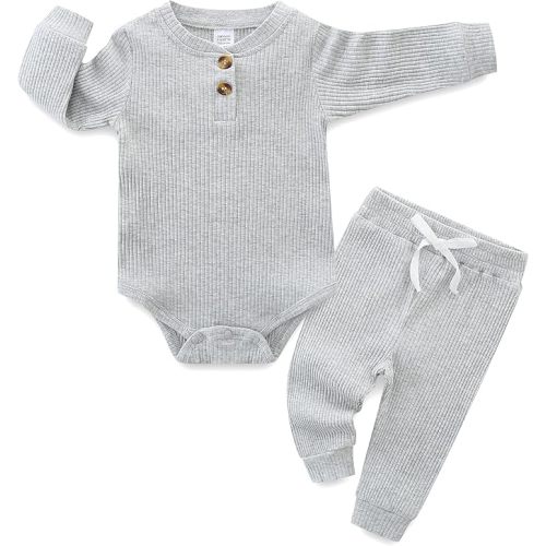 Newborn Baby Boy Girl Clothes Infant Ribbed Romper Cotton Long Sleeve Pant Sets for 0~18M Infant