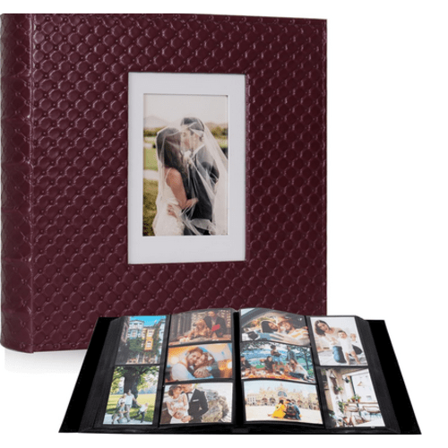 Large Capacity Photo Album 4x6, 600 Photos PU Leather Picture Album with Black Pages, Horizontal & Vertical Pockets, Clear Sleeves Memory Book for Family, Travel, Wedding & Gift (Red Wine)