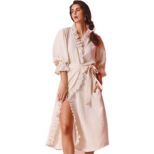 NOTHING FITS BUT 100% Cotton Muslin Gauze Maternity Robe, Nursing & Delivery Gown with Adjustable Belt & Puffed Sleeves