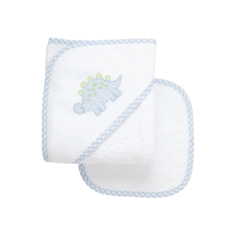Dino Applique Hooded Towel & Washcloth Set - Blue