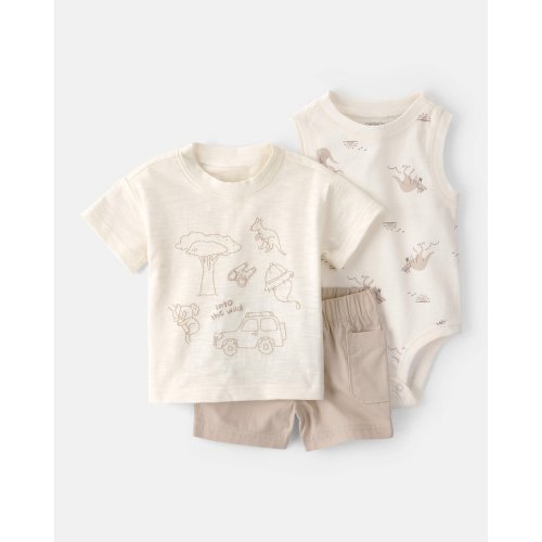Baby Boy 3-Piece Into The Wild Top, Bodysuit & Short Set - Ivory/Brown | Carter's