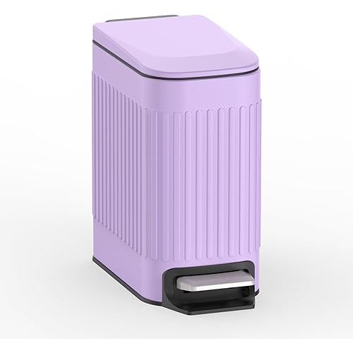 TrashAid Slim Bathroom Trash Can with Lid Soft Close, 6 Liter/1.6 Gallon Stainless Steel Small Garbage Can with Removable Inner Bucket, Step Pedal, Slim Wastebasket for Toilet, Office, Bedroom, Purple