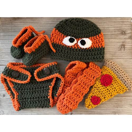 Ninja Turtle Michelangelo Newborn Photoshoot Outfit Handmade Crochet Baby Boy Hat Diaper Cover Booties Arm Bands Pizza Prop