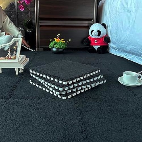 16 Pcs Kids Foam Interlocking Carpet Tiles with Border, Thick Carpet Squares Plush Floor Playmats Baby Crawling Rug - 49" x 49" (Black, 16 Tiles)
