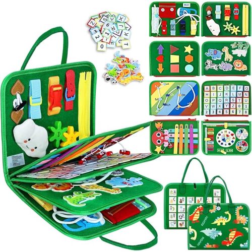 Esjay Toddler Busy Board Montessori Toys for Boys and Girls, Sensory Book Educational Activities for Learning Fine Motor Skills, Birthday Gifts Toddlers, Travel Toys for Airplane Car, Green Dinosaur