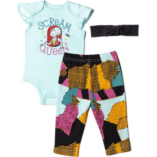 Disney Nightmare Before Christmas Zero Sally Jack Skellington Baby Girls Bodysuit Pants and Headband 3 Piece Outfit Set