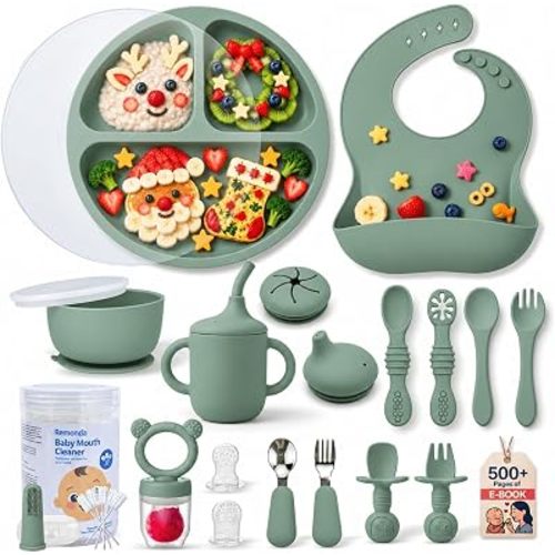 Remonda 25-Piece BPA-Free Baby Silicone Feeding Set | Extra Large Suction Plates, Toddler Bowls, Self Feeding Spoons, and More | Dishwasher Safe| Infant Led Weaning Supplies（Green）