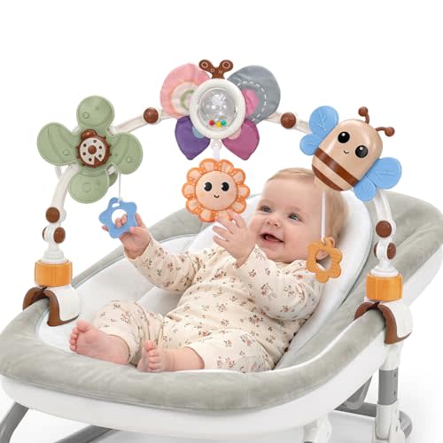 GONINO Baby Stroller Arch Toy, Car Seat Toys for Babies, Sensory Activity Toy with Teether, Squeaker & Crinkle Sounds, Adjustable Crib Mobile Toy for Bassinet, Infant Travel Toy 0-6 Months