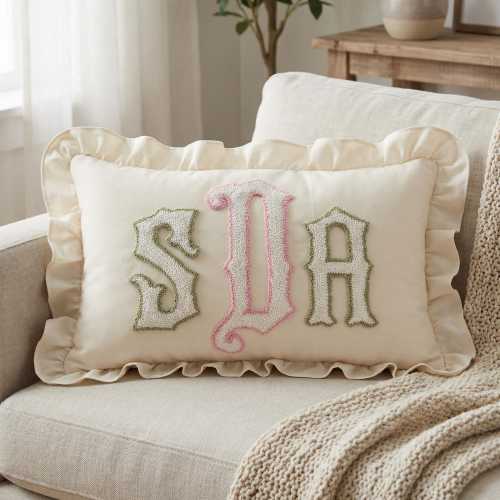 Custom Ruffle Punch Needle Pillow, Embroidered Initial Cushion, Custom Monogram Lumbar Pillow, Nursery Decor, Unique New Mom Gift